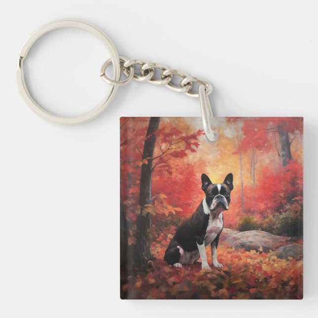 Boston Terrier in Autumn Leaves Fall Inspire  Key Ring (Front)