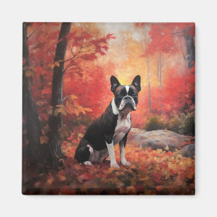 Boston Terrier in Autumn Leaves Fall Inspire  Magnet
