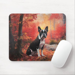 Boston Terrier in Autumn Leaves Fall Inspire Mouse Pad
