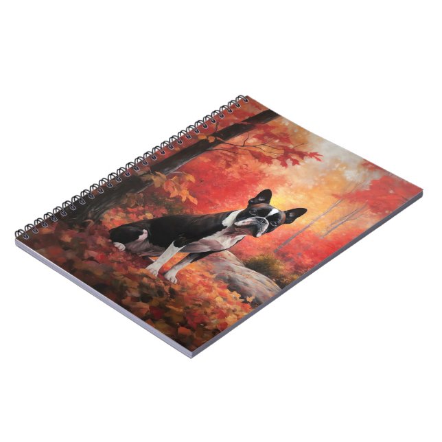 Boston Terrier in Autumn Leaves Fall Inspire  Notebook (Left Side)