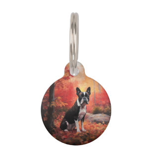 Boston Terrier in Autumn Leaves Fall Inspire  Pet Tag