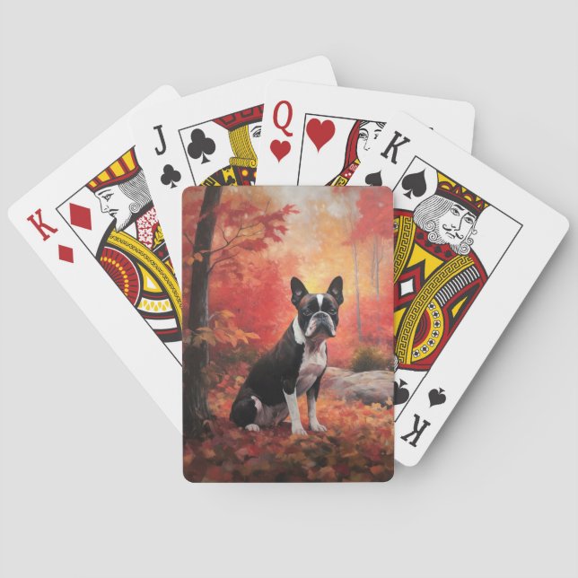Boston Terrier in Autumn Leaves Fall Inspire  Playing Cards (Back)