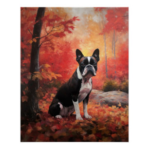 Boston Terrier in Autumn Leaves Fall Inspire  Poster