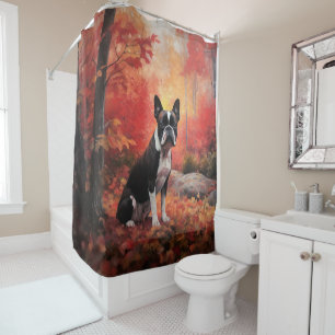 Boston Terrier in Autumn Leaves Fall Inspire  Shower Curtain