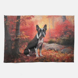 Boston Terrier in Autumn Leaves Fall Inspire  Tea Towel