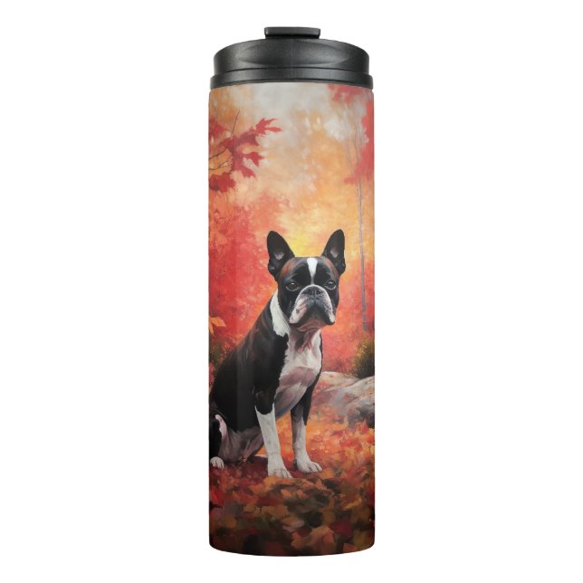 Boston Terrier in Autumn Leaves Fall Inspire  Thermal Tumbler (Front)