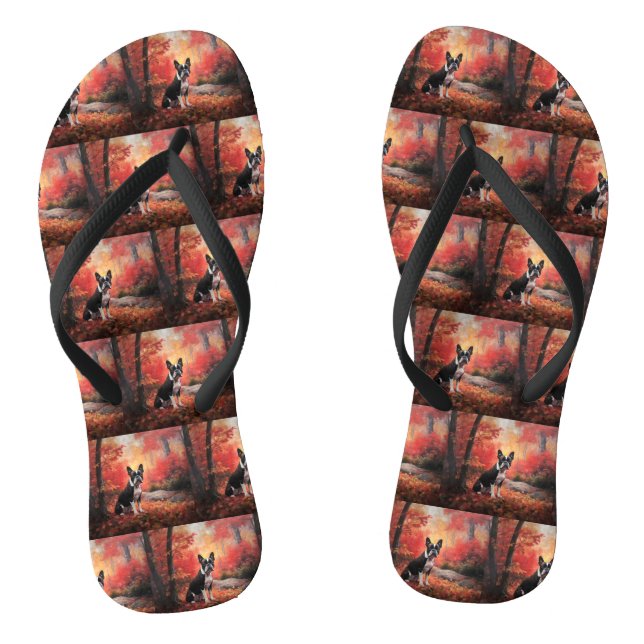 Boston Terrier in Autumn Leaves Fall Inspire  Thongs (Footbed)