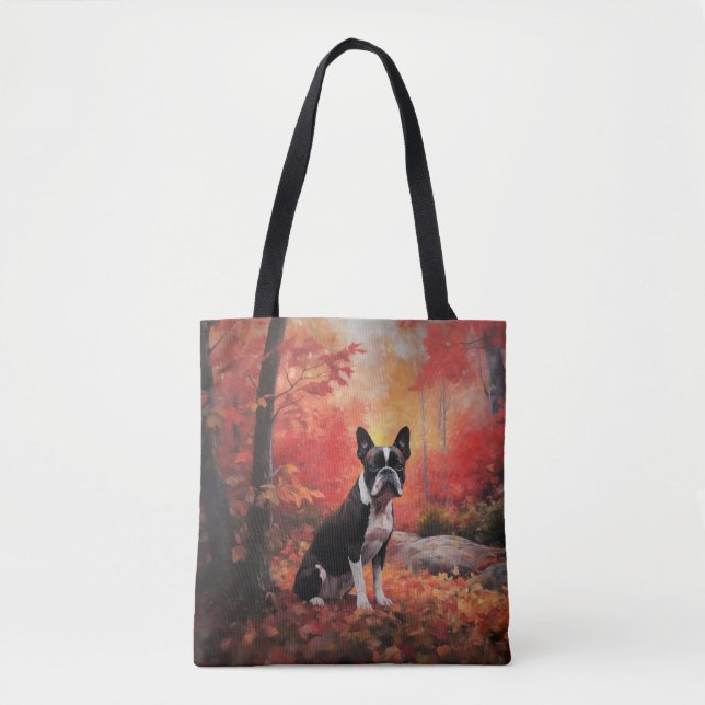 Boston Terrier in Autumn Leaves Fall Inspire  Tote Bag (Front)
