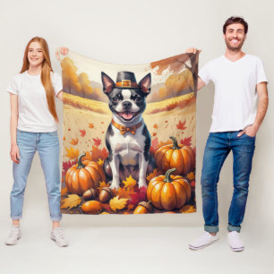 Boston Terrier In Autumn Leaves Thanksgiving Art Fleece Blanket