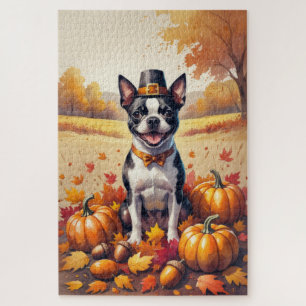 Boston Terrier In Autumn Leaves Thanksgiving Art Jigsaw Puzzle
