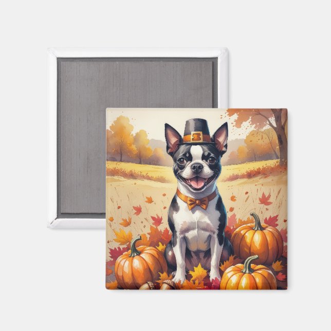Boston Terrier In Autumn Leaves Thanksgiving Art Magnet (Front/Back)