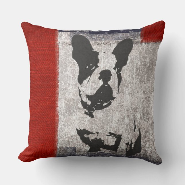 Boston Terrier in Black and White With Red Border Cushion (Front)