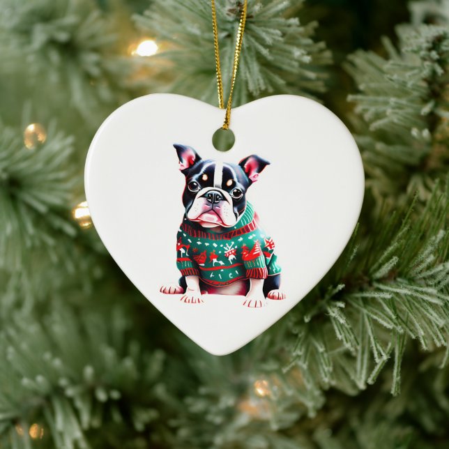 Boston Terrier in Christmas Sweater Ceramic Ornament (Tree)
