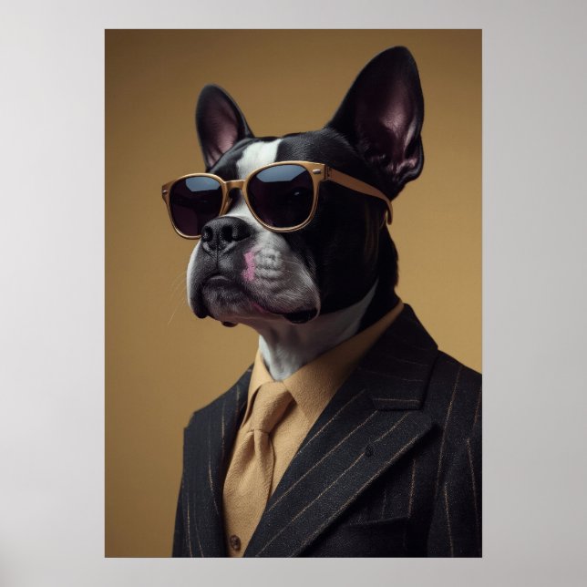 Boston Terrier in Pinstripe Suit and Sunglasses Poster (Front)
