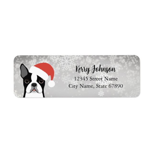 Boston Terrier in Santa Hat Grey Snowflake Labels (Front)