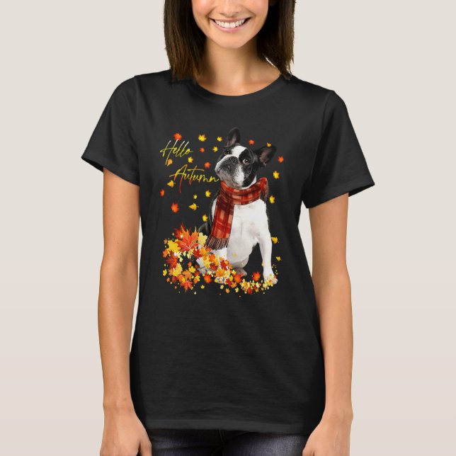 Boston Terrier Leaf Fall Hello Autumn For Dog T-Shirt (Front)