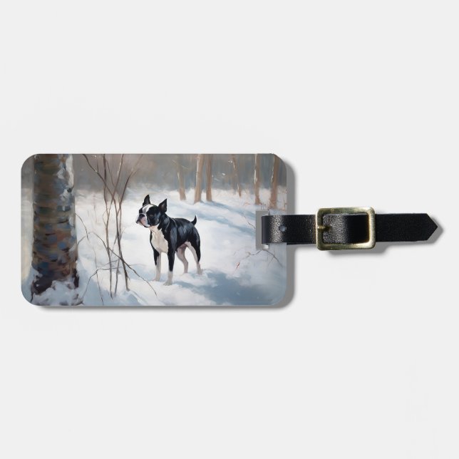 Boston Terrier Let It Snow Christmas Luggage Tag (Front Horizontal)