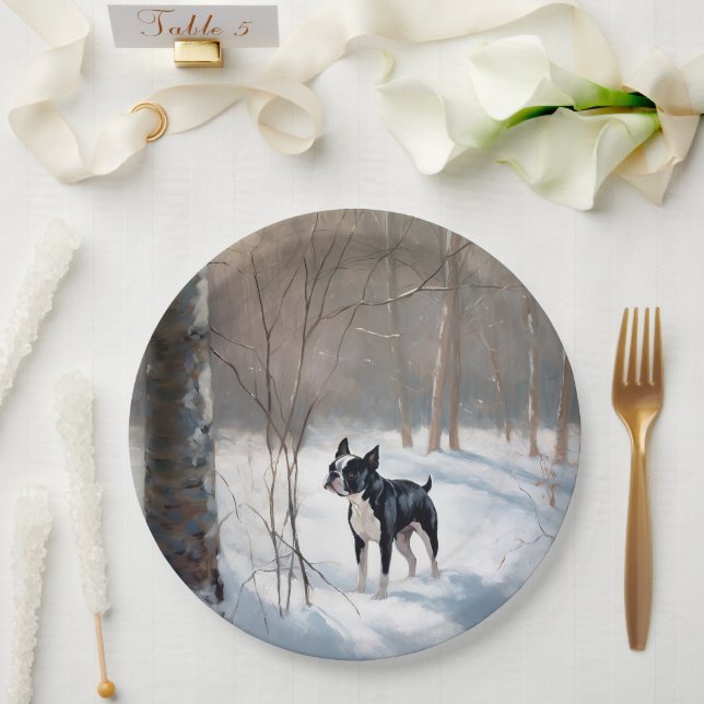 Boston Terrier Let It Snow Christmas Paper Plate (Wedding)