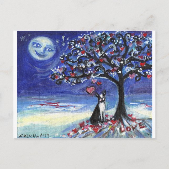 Boston Terrier love hearts smiling moon ocean Postcard (Front)