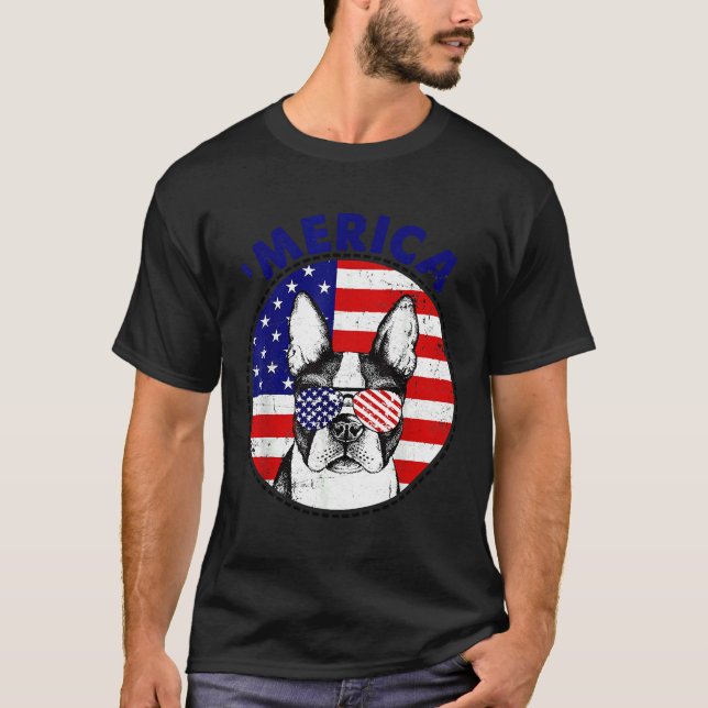Boston Terrier Merica 4th Of July Dog T-Shirt (Front)