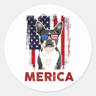 Boston Terrier Merica Patriotic American Flag 4th  Classic Round Sticker