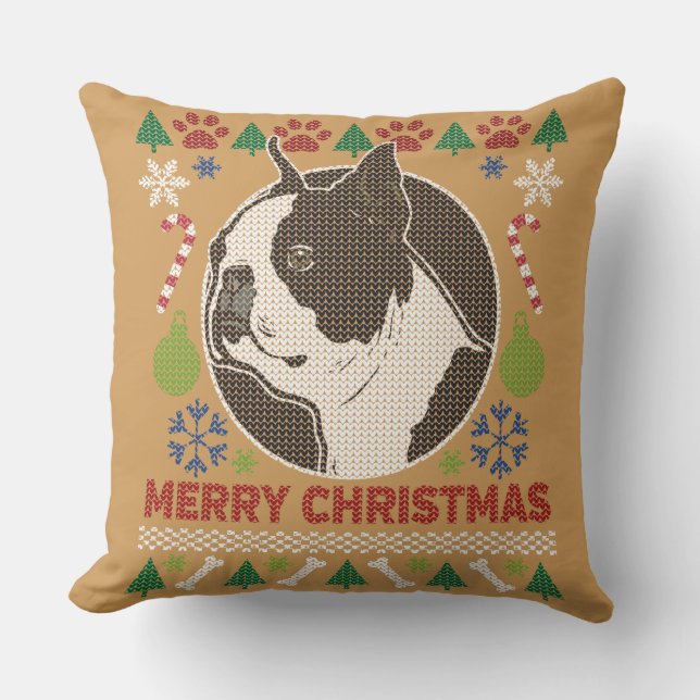 Boston Terrier Merry Christmas Ugly Sweater Cushion (Front)