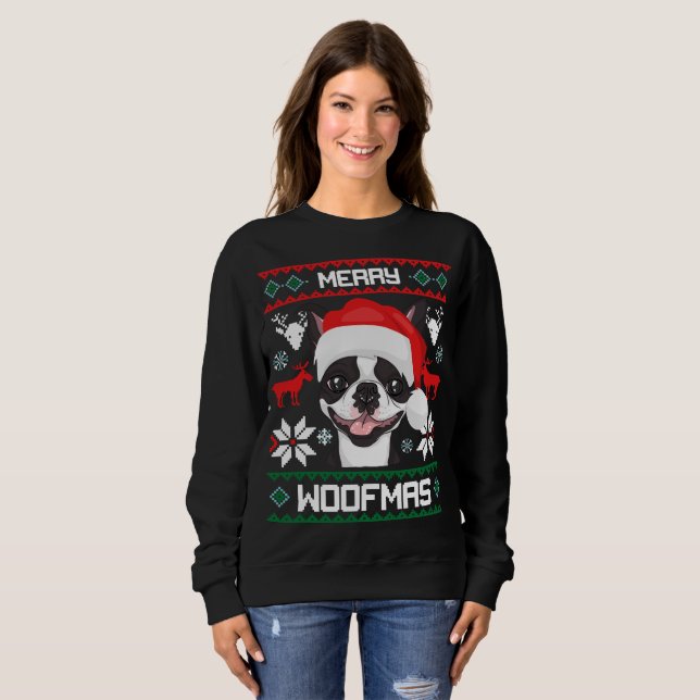 Boston Terrier Merry Woofmas Christmas Sweatshirt (Front Full)