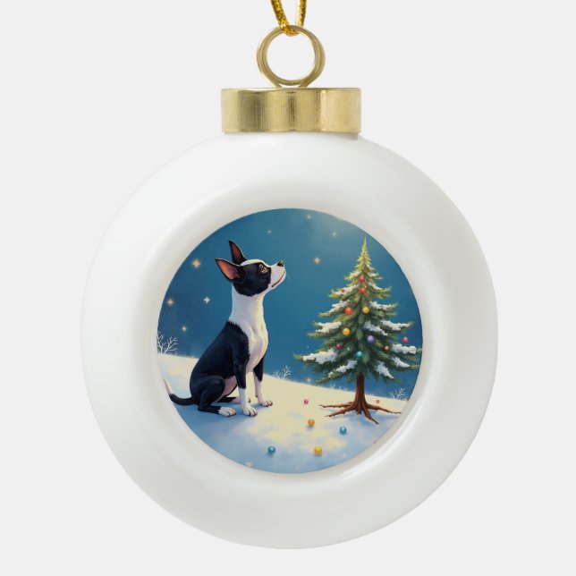 Boston Terrier Midnight Star-Gazing Christmas Ceramic Ball Christmas Ornament (Front)