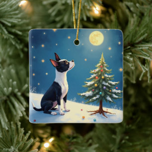 Boston Terrier Midnight Star-Gazing Christmas Ceramic Ornament
