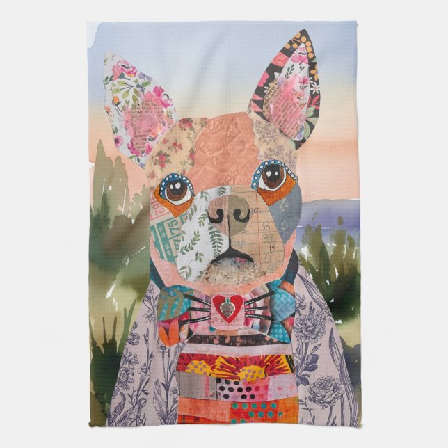 Boston Terrier Mixed Media Dog Kitchen Towel (Vertical)