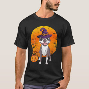 Boston Terrier Moon Halloween Witch Hat Dog Owner T-Shirt