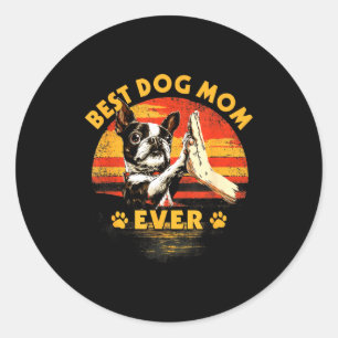 Boston terrier mum retro sunset funny dog mother's classic round sticker