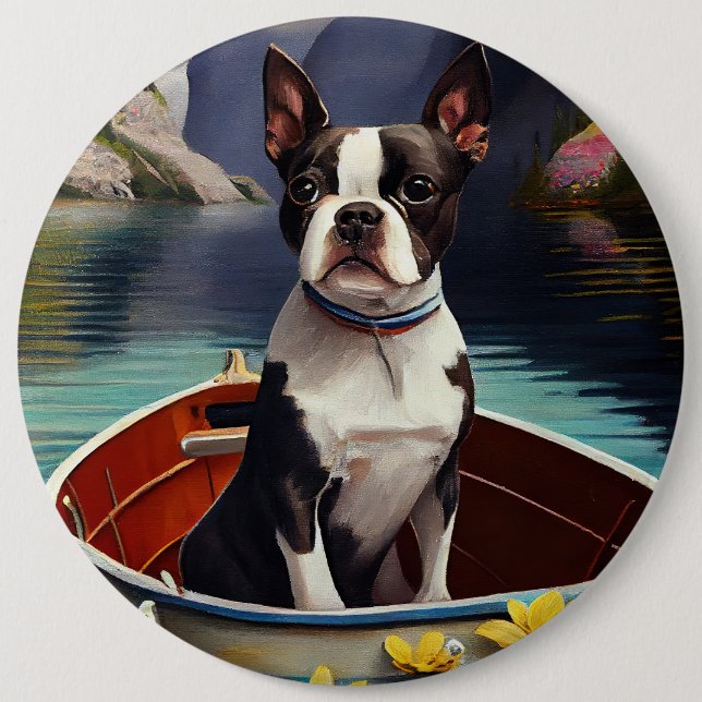 Boston Terrier on a Paddle: A Scenic Adventure 6 Cm Round Badge (Front)