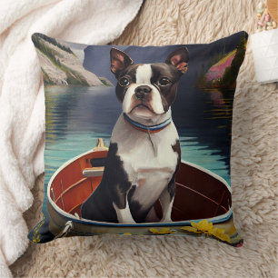 Boston Terrier on a Paddle: A Scenic Adventure  Cushion