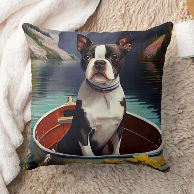 Boston Terrier on a Paddle: A Scenic Adventure  Cushion (Blanket)