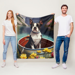 Boston Terrier on a Paddle: A Scenic Adventure Fleece Blanket