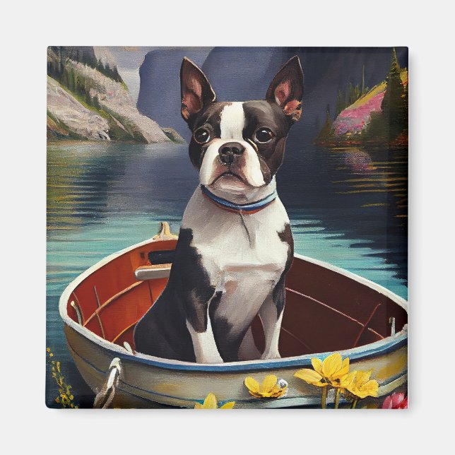 Boston Terrier on a Paddle: A Scenic Adventure Magnet (Front)