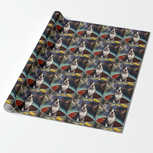 Boston Terrier on a Paddle: A Scenic Adventure Wrapping Paper (Unrolled)