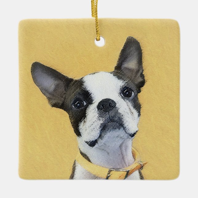 Boston Terrier Painting - Cute Original Dog Art Ceramic Ornament (Front)