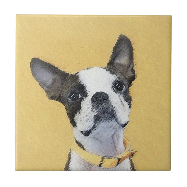 Boston Terrier Painting - Cute Original Dog Art Ceramic Tile (Front)
