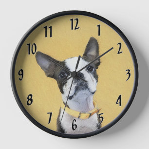 Boston Terrier Painting - Cute Original Dog Art Clock