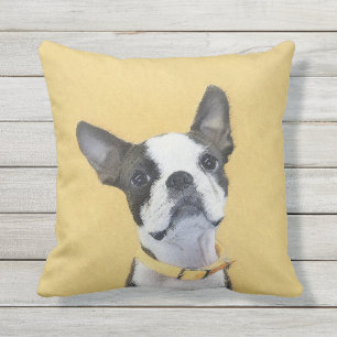 Boston Terrier Painting - Cute Original Dog Art Cushion