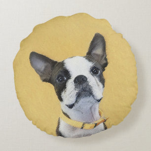 Boston Terrier Painting - Cute Original Dog Art Round Cushion