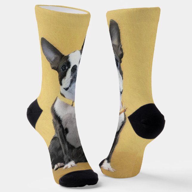 Boston Terrier Painting - Cute Original Dog Art Socks (Angled)