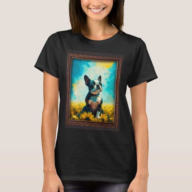 Boston Terrier Painting Sunflower Flower Mom Women T-Shirt (Front)