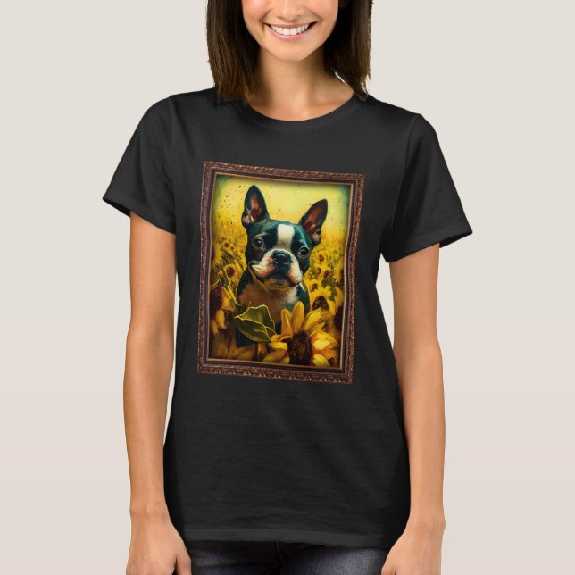 Boston Terrier Painting Sunflower Flower Mom Women T-Shirt (Front)