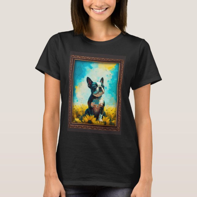 Boston Terrier Painting Sunflower Flower Mum Women T-Shirt (Front)