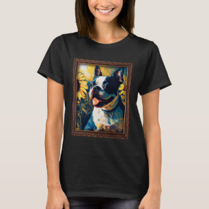 Boston Terrier Painting Sunflower Flower Mum Women T-Shirt