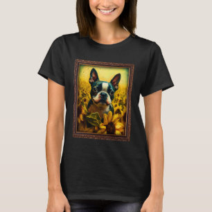 Boston Terrier Painting Sunflower Flower Mum Women T-Shirt