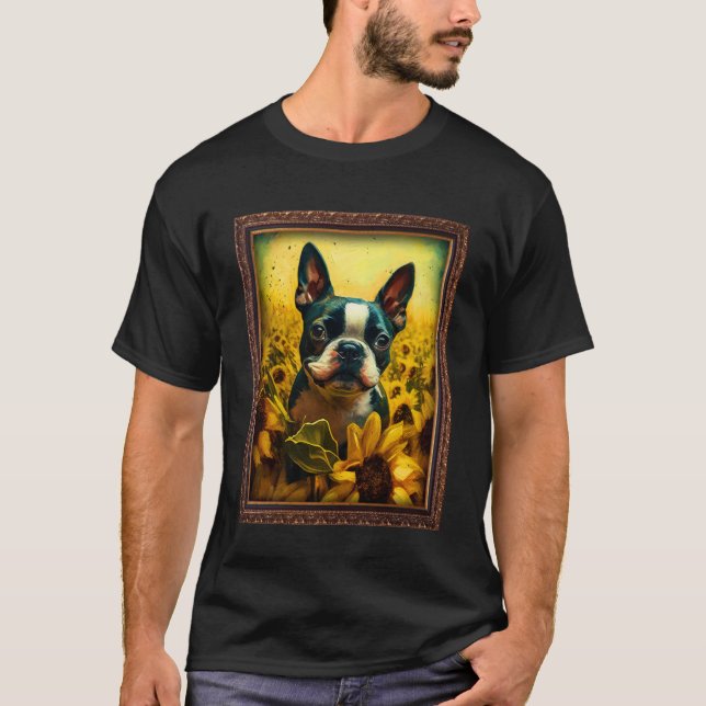 Boston Terrier Painting Sunflower Flower Mum Women T-Shirt (Front)